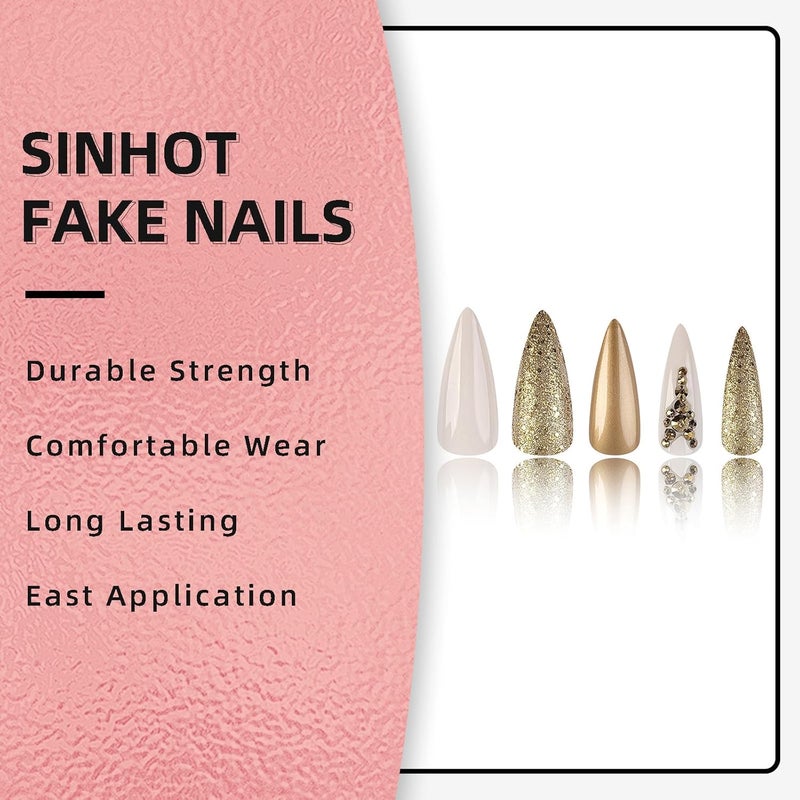 SINHOT Press on Nails Long Stiletto Fake Nails Luxury Rhinestones Acrylic Nails Glossy Glue on Nail Gold Glitter Almond Artificial Stick on False Nail with Design 24 pcs - Image 4